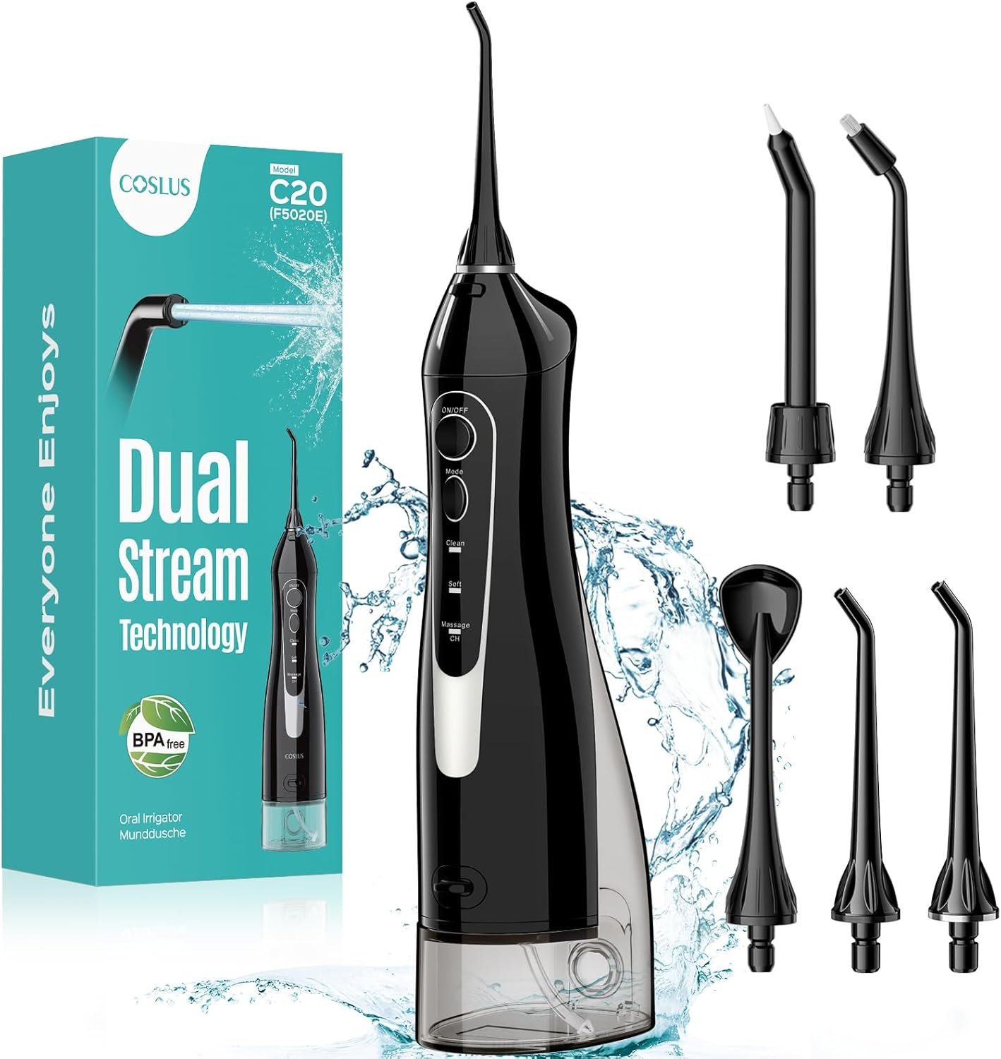 COSLUS ADA Accepted Water Dental Flosser Teeth Pick C20: Portable Cordless Oral Irrigator 300ML Rechargeable Travel Irrigation Cleaner IPX7 Waterproof Electric Flossing Machine, Professional Set Black