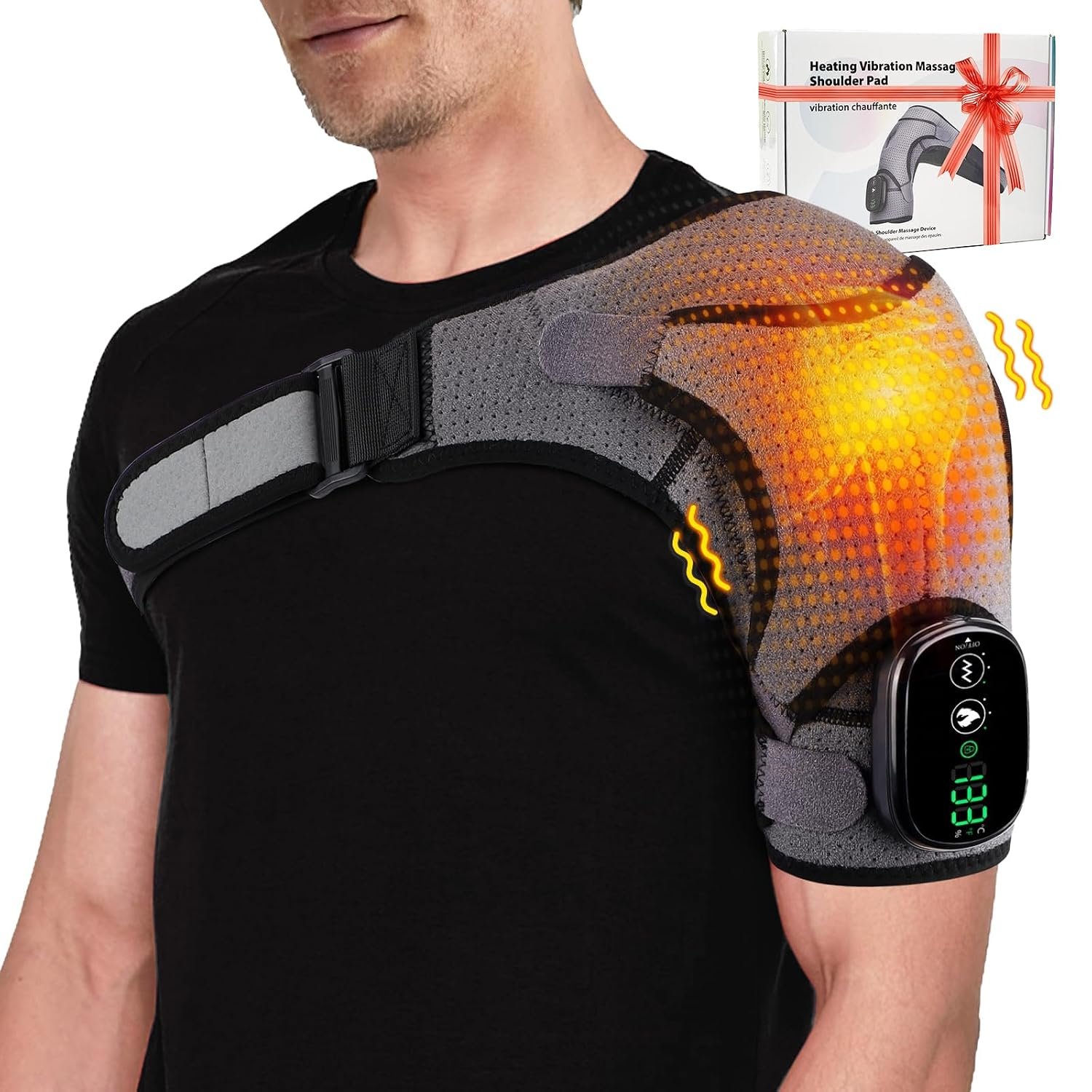 Cordless Portable Shoulder Heating Pad & Massager, Heating Vibration Shoulder Wrap, Shoulder Brace for Pain Relief, Rotator Cuff Support for Men & Women, Black&Grey