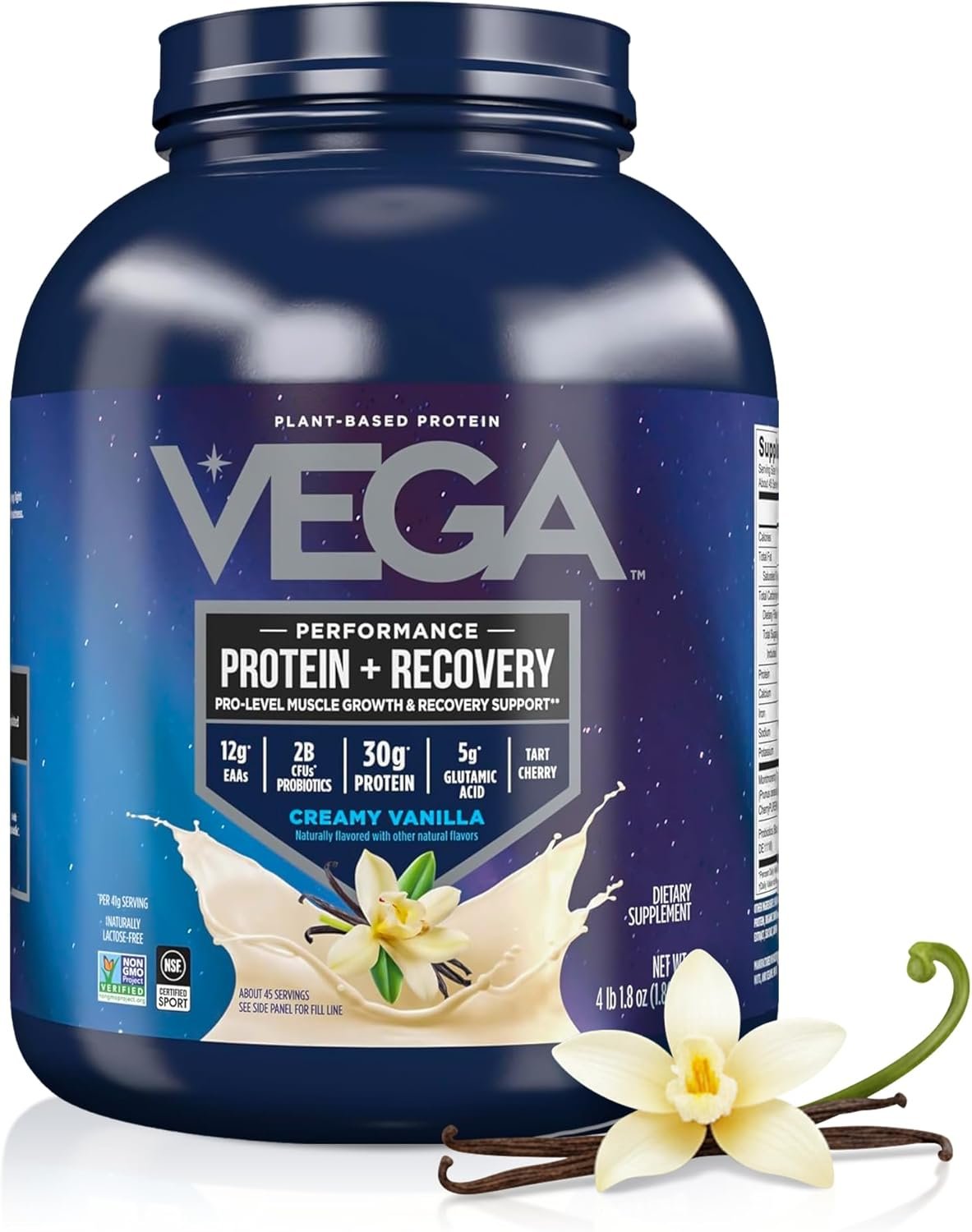 Vega Protein + Recovery, Vanilla – 30g Vegan Protein, Dairy & Gluten Free, Probiotics, NSF Certified, 65.6 oz (45 Servings)