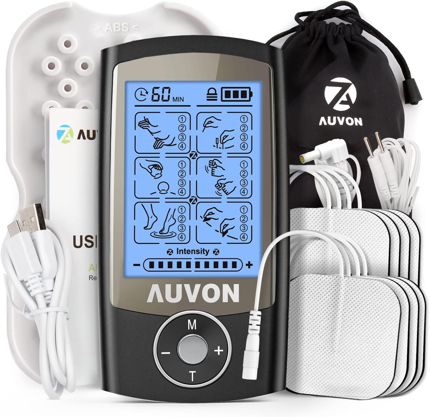 AUVON 24 Modes TENS Unit Muscle Stimulator for Pain Relief, Premium Pads | Rechargeable TENS Machine, Drug-Free Pain Relief for Shoulder, Lower Back, Muscle, Physical Therapy, 8pcs Electrode Pads