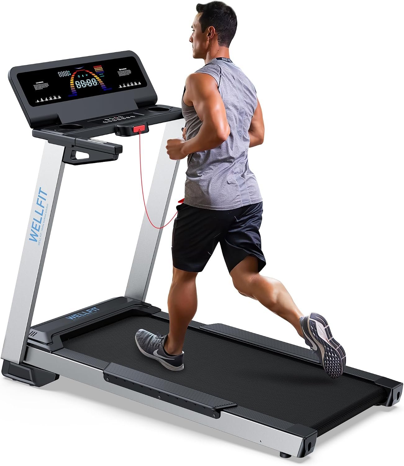 WELLFIT Home Treadmill, 2 Level Incline Heavyduty Treadmill with Pulse Sensor, 4.0 HP, 10 MPH, 450 lbs Capacity, 20” x 45” Running Area Treadmills with Bluetooth Player & LED Display