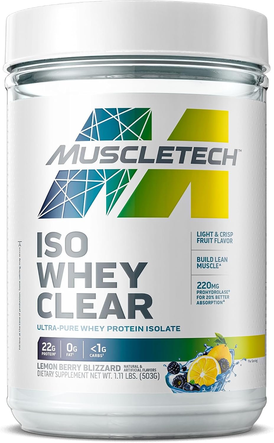 MuscleTech Whey Protein Powder – Clear Whey Isolate Powder for Women & Men | 22g of Protein, 90 Calories, Lemon Berry Blizzard, 1.1LB (19 Servings)