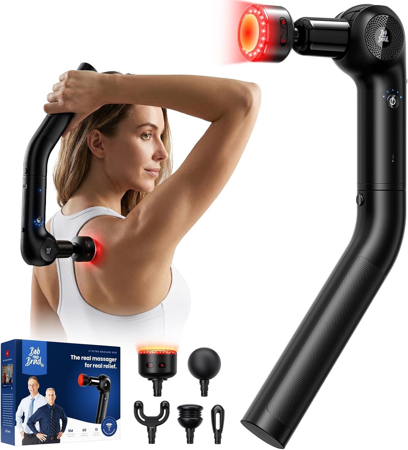 BOB AND BRAD 2-in-1 Massage Gun with Heat & Red Light Soothing L7 Ultra Massage Gun with Extension Handle &Adjustable Angles, Deep Tissue for Back Lumbar Shoulder FSA-HSA Eligible Gift for Men Women