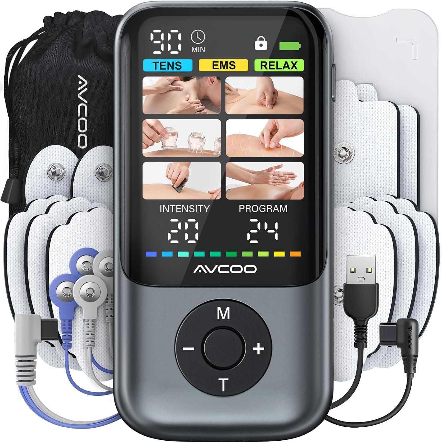 24 Modes TENS Unit Muscle Stimulator with Newest Color Screen, Innovative Single Type-C Port, Rechargeable 3-in-1 TENS Machine for Shoulder, Back Pain Relief Therapy, EMS Massager Machine, 10 Pads