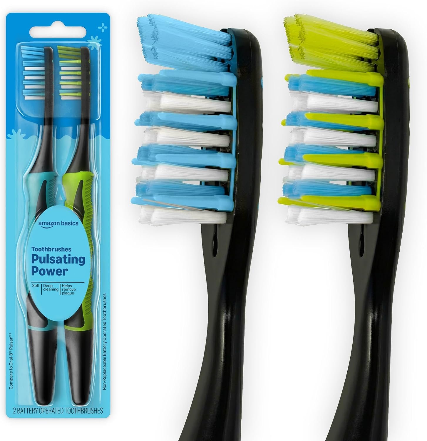 Amazon Basics Soft Toothbrushes for Adults – Pulsating Deep Cleaning with Soft Bristles, 2 Count, Assorted Colors, Packaging May Vary