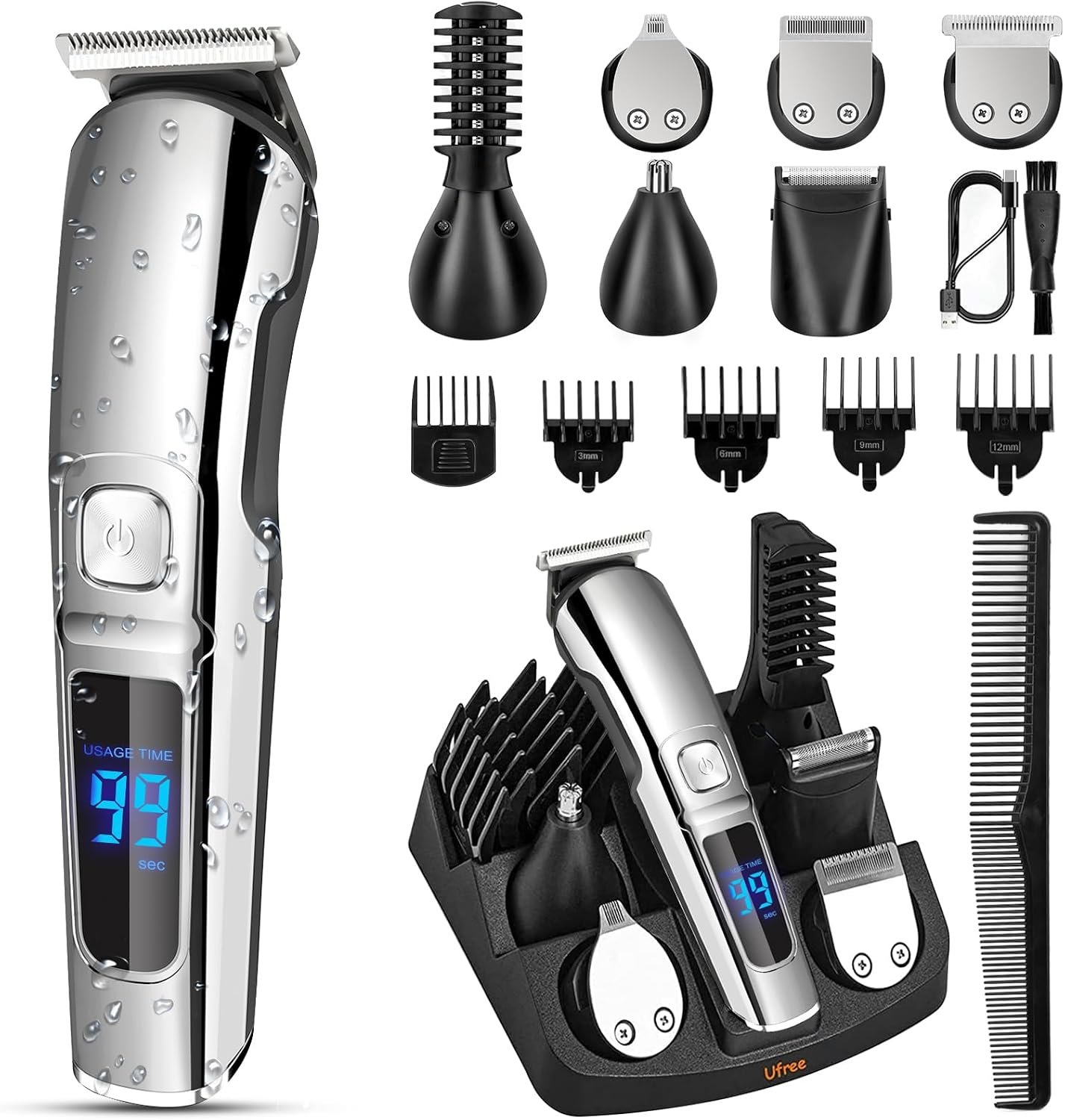 Ufree Beard Trimmer for Men, Waterproof Electric Razor, Grooming Kit | Stainless steel blades, six interchangeable heads, wet and dry use, USB rechargeable, for face body nose ear trimming, silver