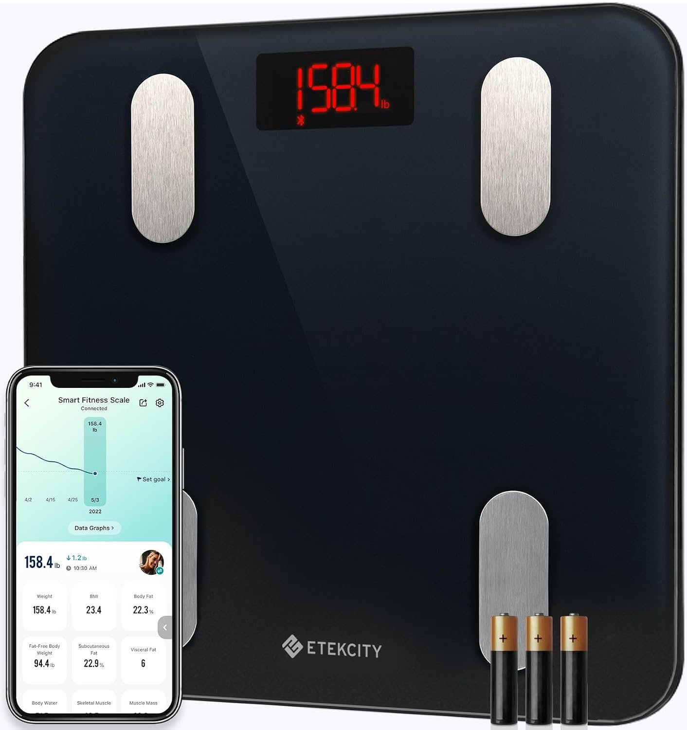 Etekcity Smart Scale for Body Weight, BMI, Body Fat, Bluetooth, 400 lb | Digital bathroom scale tracks fat percentage, BMI and muscle, with body composition analysis and Bluetooth connectivity