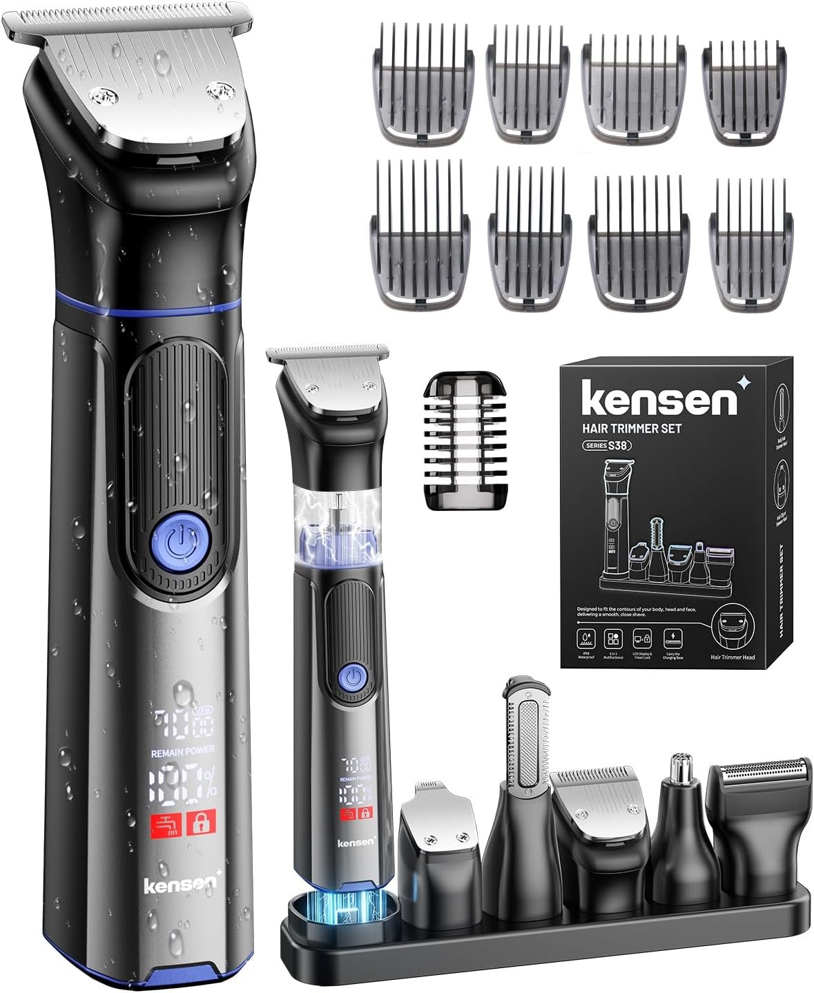 kensen Beard Trimmer for Men, 6-in-1 Electric Shaver and Hair Clipper | 6 Different Magnetic Interchangeable Heads, Dual Speed, Charging Base, IPX6 Waterproof, LED Display, Face/Beard/Head/Body Use