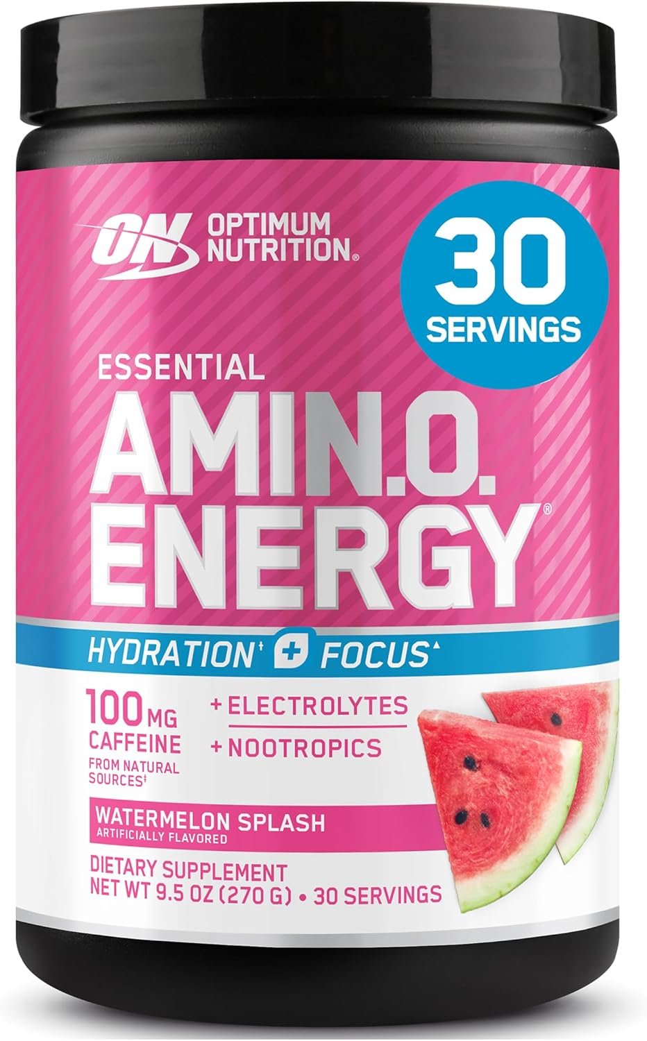 Optimum Nutrition, Amino Energy Powder Plus Focus, with Bcaa, Electrolytes, and Caffeine, Watermelon, 30 Servings | Contains BCAAs, Electrolytes, 100 mg Caffeine, 5g Amino Acids, Zero Sugar, Supports Hydration, Banned Substance Tested