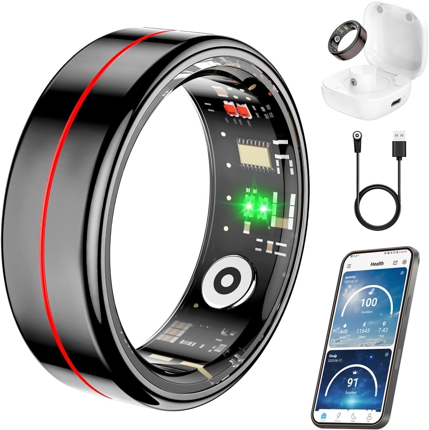 Fit Ring, Smart Health Rings for Women Men with Heart Rate,Blood Oxygen,HRV,Stress Level, Sleep Monitor, Step Tracker, No Subscription Fee, IP68 Waterproof Smart Ring for iphone &Android (Black, 13#)
