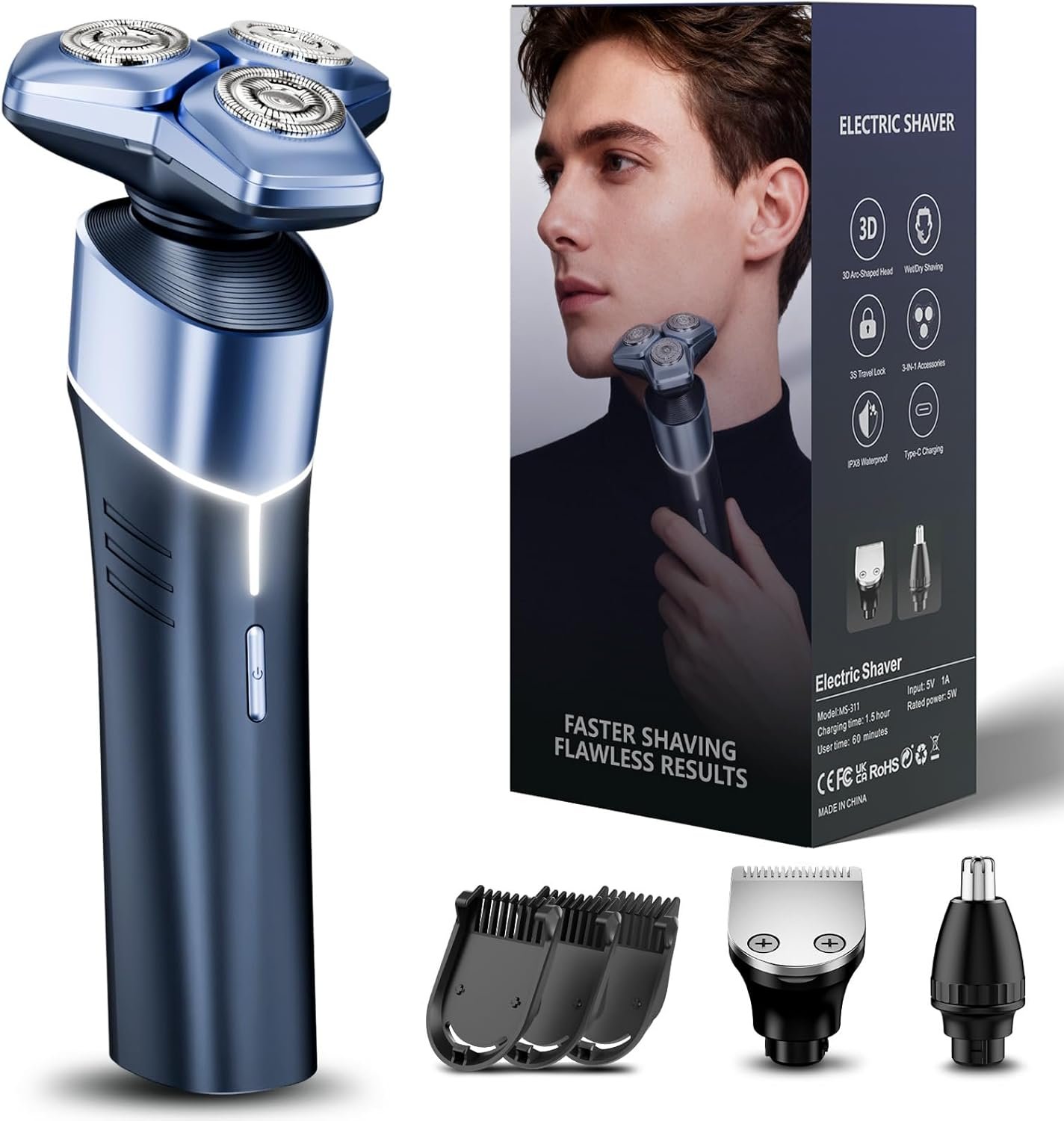 Electric Razor for Men: 3-in-1 Shaver with Hair Clipper and Nose Hair Trimmer, 10000 RPM High Speed Motor, 3D Floating Heads, USB-C Fast Charging, IPX8 Waterproof, Travel Lock, Gifts for Men