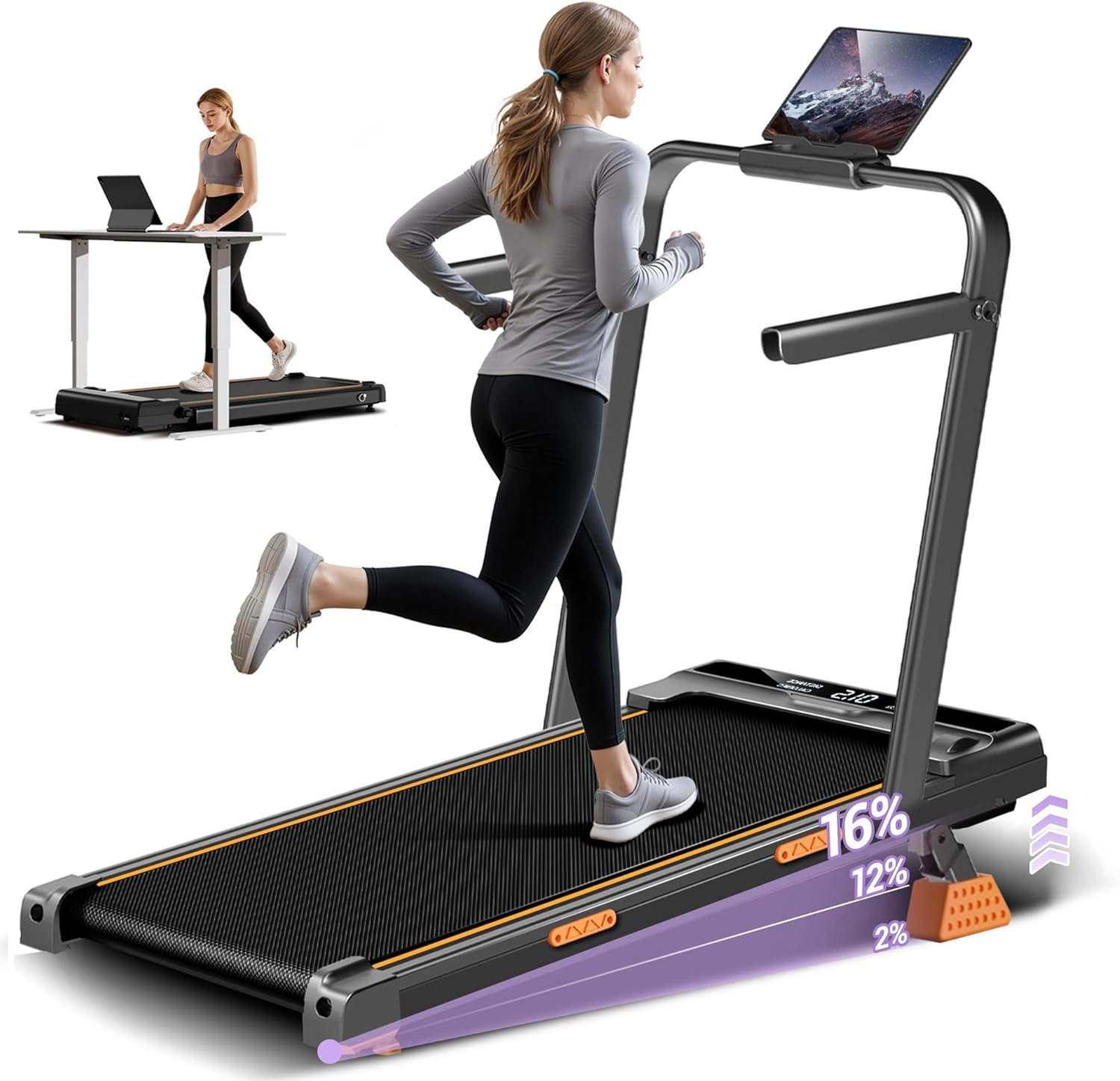 16% Incline Walking Pad Treadmills for Home Small, 4-in-1 Under Desk Treadmill with Handles, Foldable Treadmill with 2.5 HP Quiet Brushless, 330 LBS Capacity