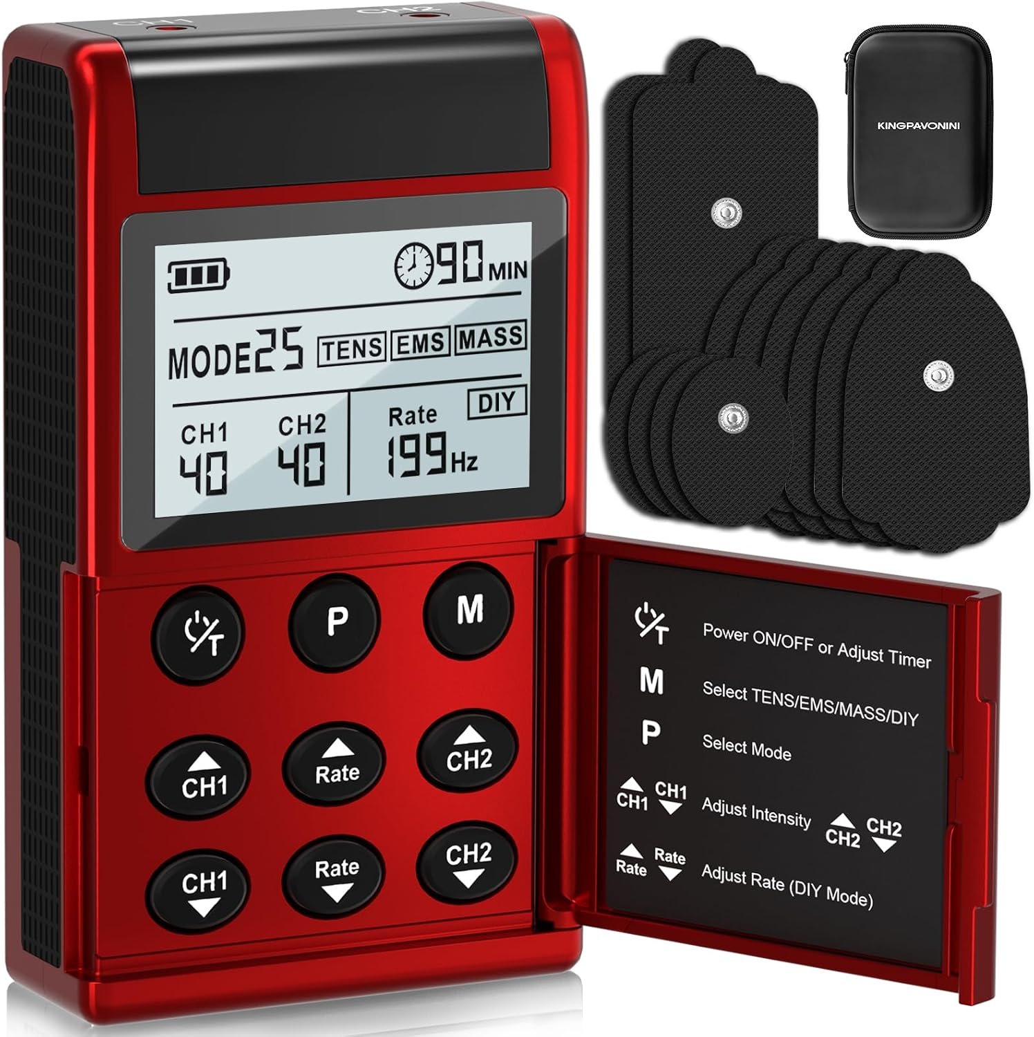 KingPavonini 4-IN-1 TENS Unit Muscle Stimulator, DIY & TENS & EMS & MASS, Dual-Channel 40 Intensities TENS Machine, Muscle Stimulator for Pain Relief Therapy Sciatica Back Pain, 12 Pads (Model: B2501)