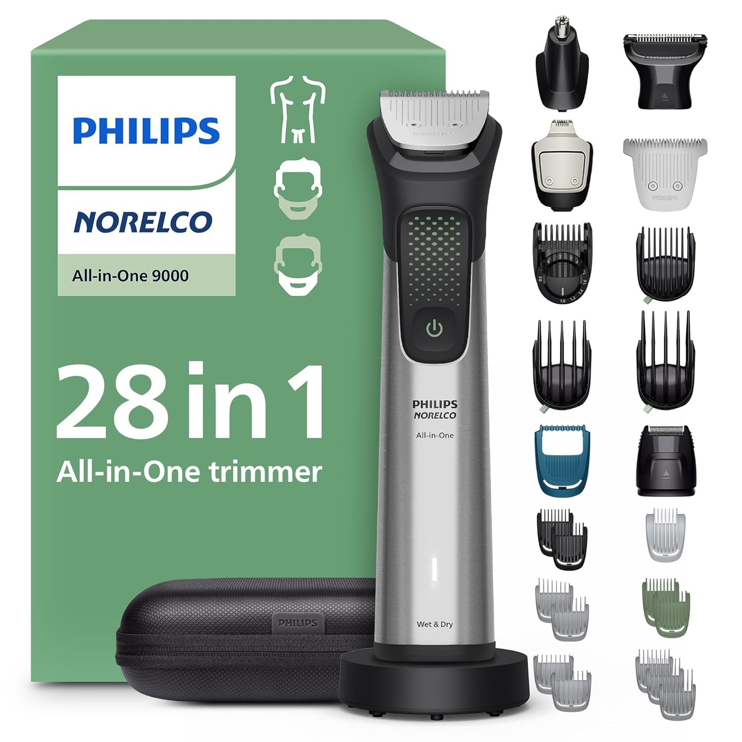 Philips Norelco All-in-One 9000 28-in-1 Trimmer, Face, Hair & Body, Steel | Beard Styler, Nose, Detail Trimmer, Body Shaver, Hair Clipper, Steel Blades, 27 lengths, 6-Hr Runtime, Showerproof, MG9585/49