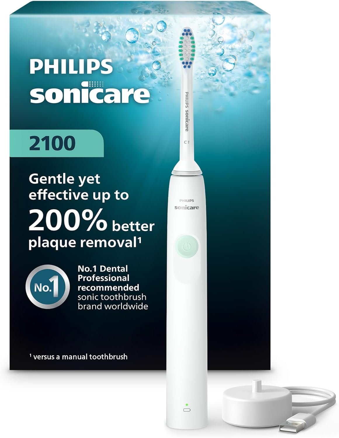 Philips Sonicare 2100 Series Electric Toothbrush – Sonic Toothbrush with Advanced Sonic Technology, Two Intensity Settings, Smartimer & Quadpacer, White, Model HX3661/04