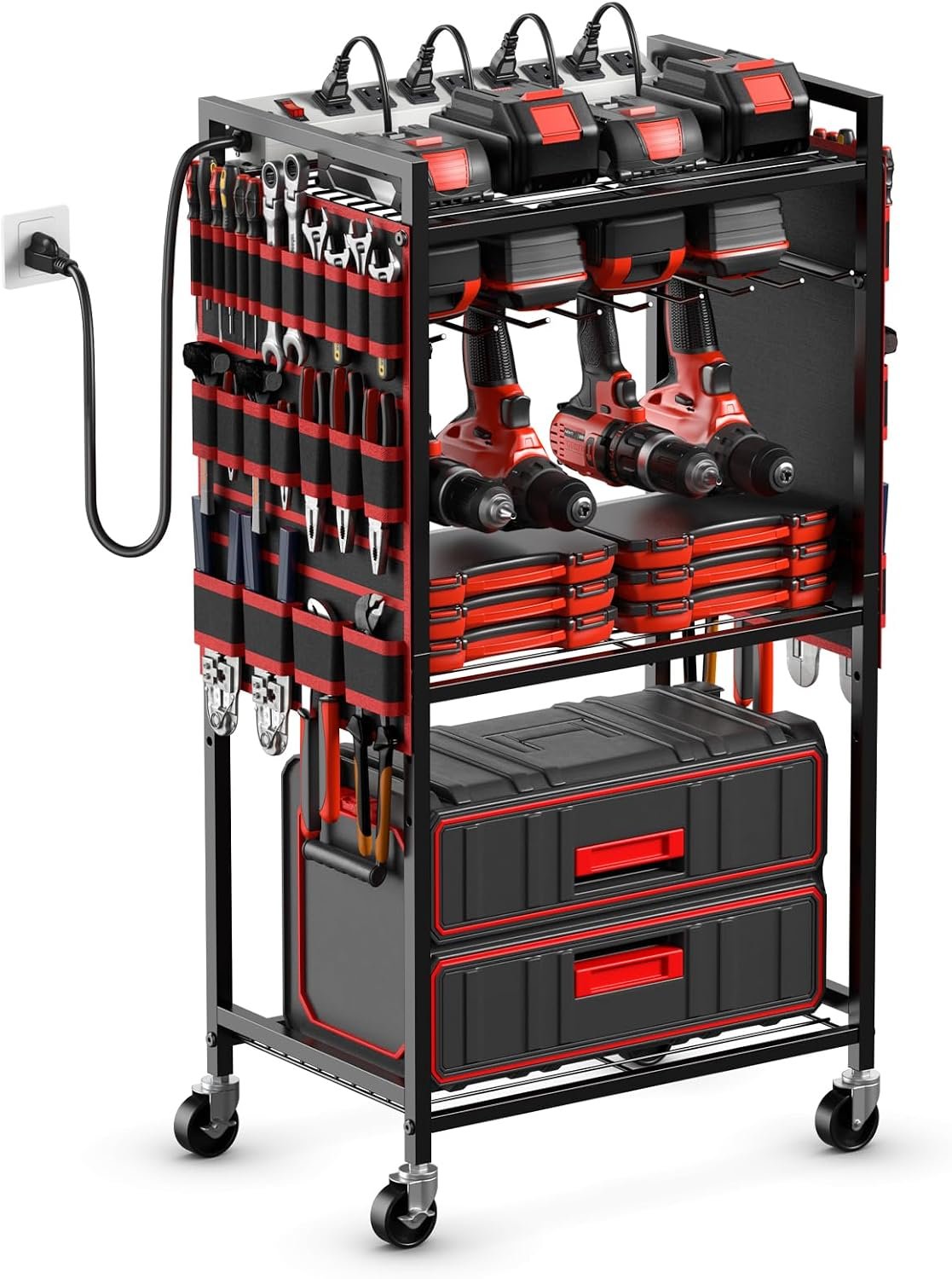 JUNNUJ Power Tool Organizer Cart with Charging Station, 6 FT Cord, Red | Floor Standing, Large Garage Rolling Storage Cart on Wheels, Heavy Duty Drill Battery Storage Rack, with 8 Outlet Power Strip