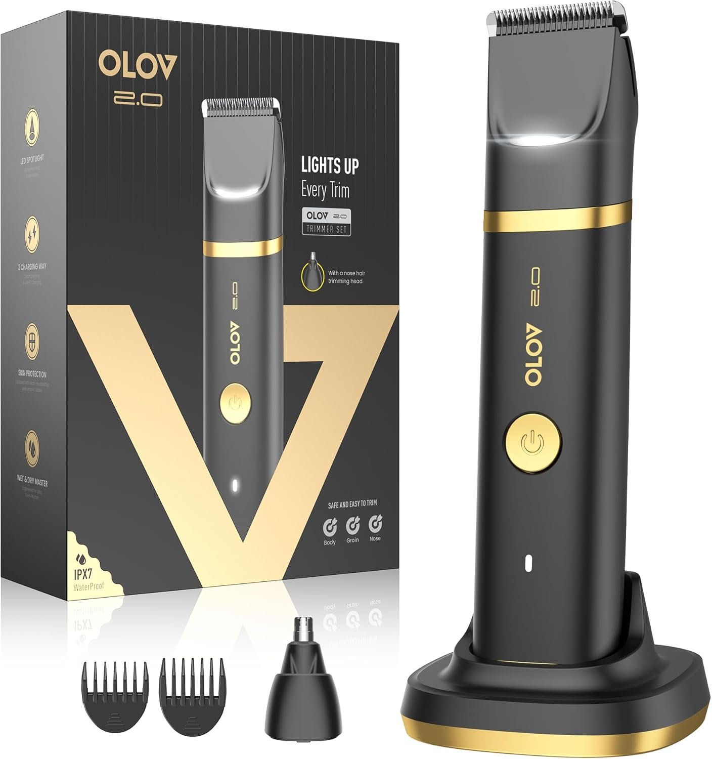 Groin & Body Hair Trimmer for Men – Electric Shaver for Pubic Hair, Chest, Legs – Ball Pubic Groomer, LED Light, Replaceable Ceramic Blade Heads, USB-C Recharge Dock, Waterproof Hygiene Razor