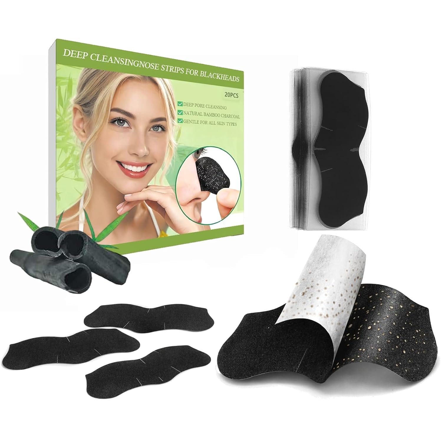 opasyo 20Pcs Charcoal Nose Pore Strips & Blackhead Remover Strips | Deep cleansing pore strips for blackhead removal & oil control. Safe for men, women, and all skin types. Easy peel off.
