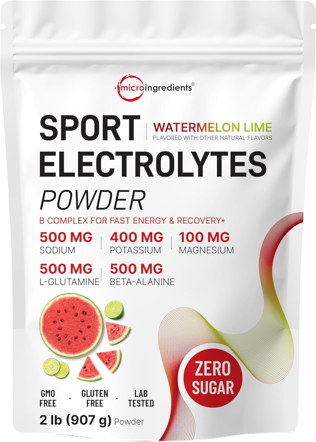 Micro Ingredients Electrolytes Powder, 2 lbs | 90 Servings | Sugar Free Workout Hydration | Potassium, Sodium, L-Glutamine, Beta-Alanine, & More | Watermelon Lime Flavor | Non-GMO, Gluten Free
