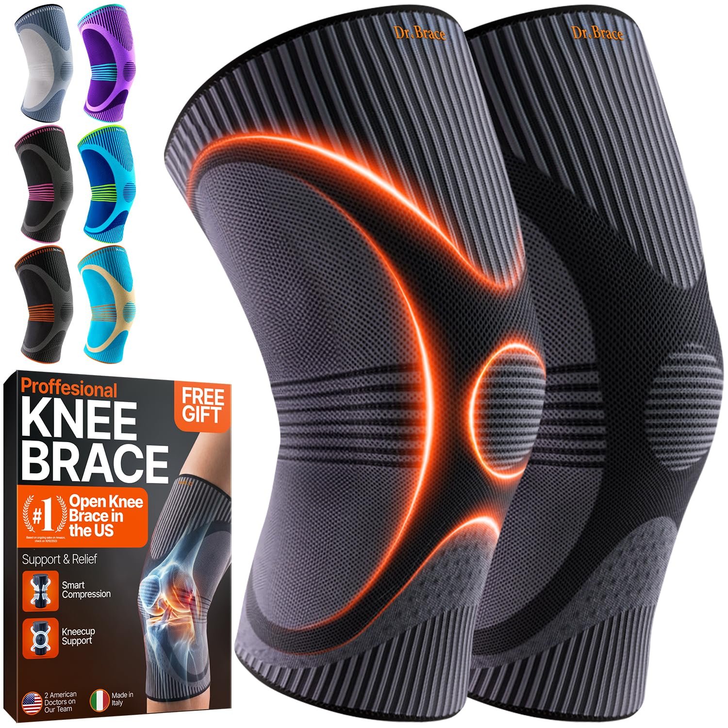 DR. BRACE Elite Compression Knee Brace for Women & Men (2-Pack) | Knee Compression Sleeve, Workout Sports Knee Braces for Meniscus Tear, ACL & Arthritis Pain Relief – Check Size Guide Video
