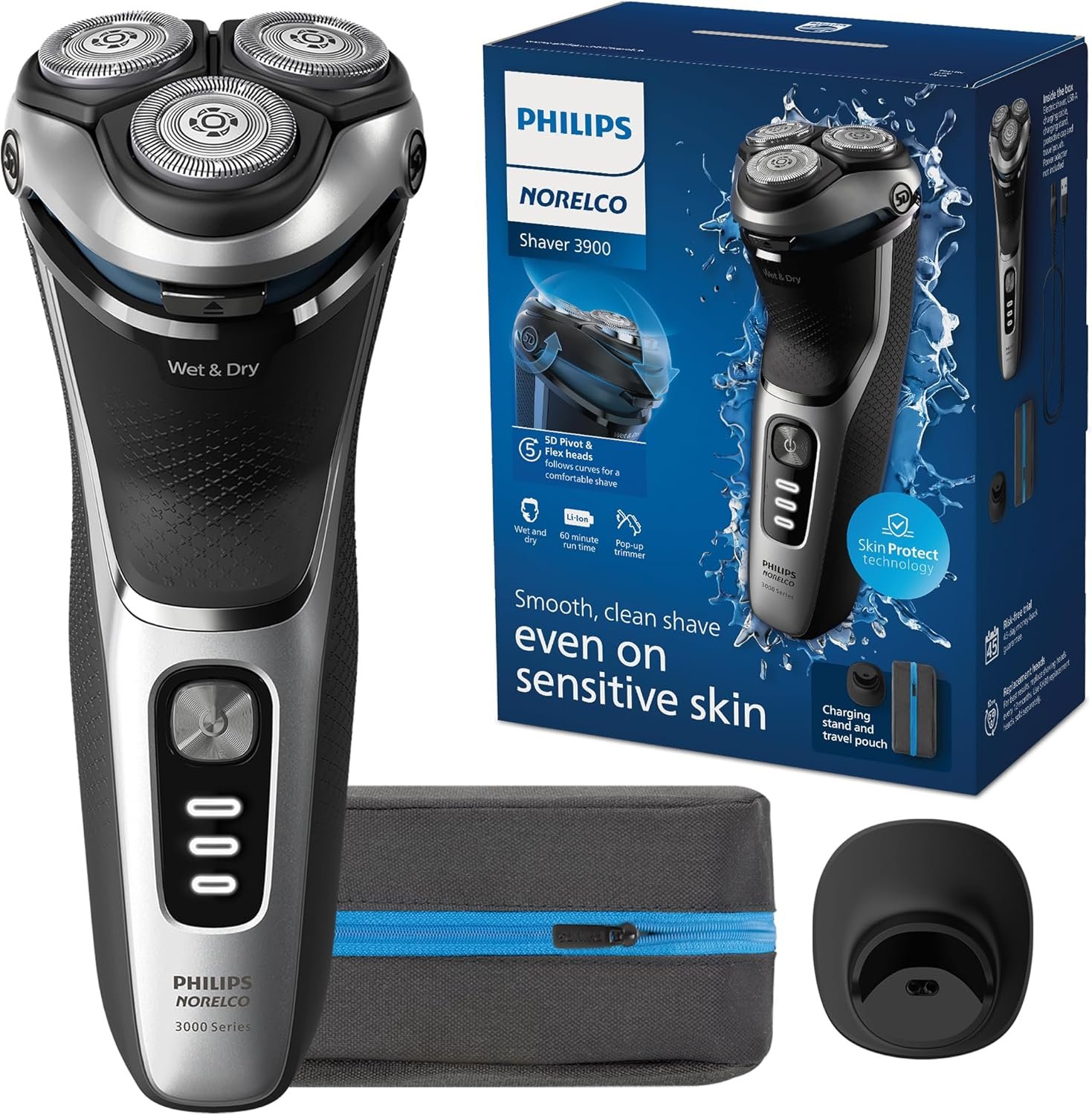 Philips Norelco 3900 Electric Shaver, Storm Blue | 27 Self Sharpening ComfortCut Blades, 5D Pivot & Flex Heads, Wet or Dry Use, Includes Travel Pouch & Charging Stand, S3341/92