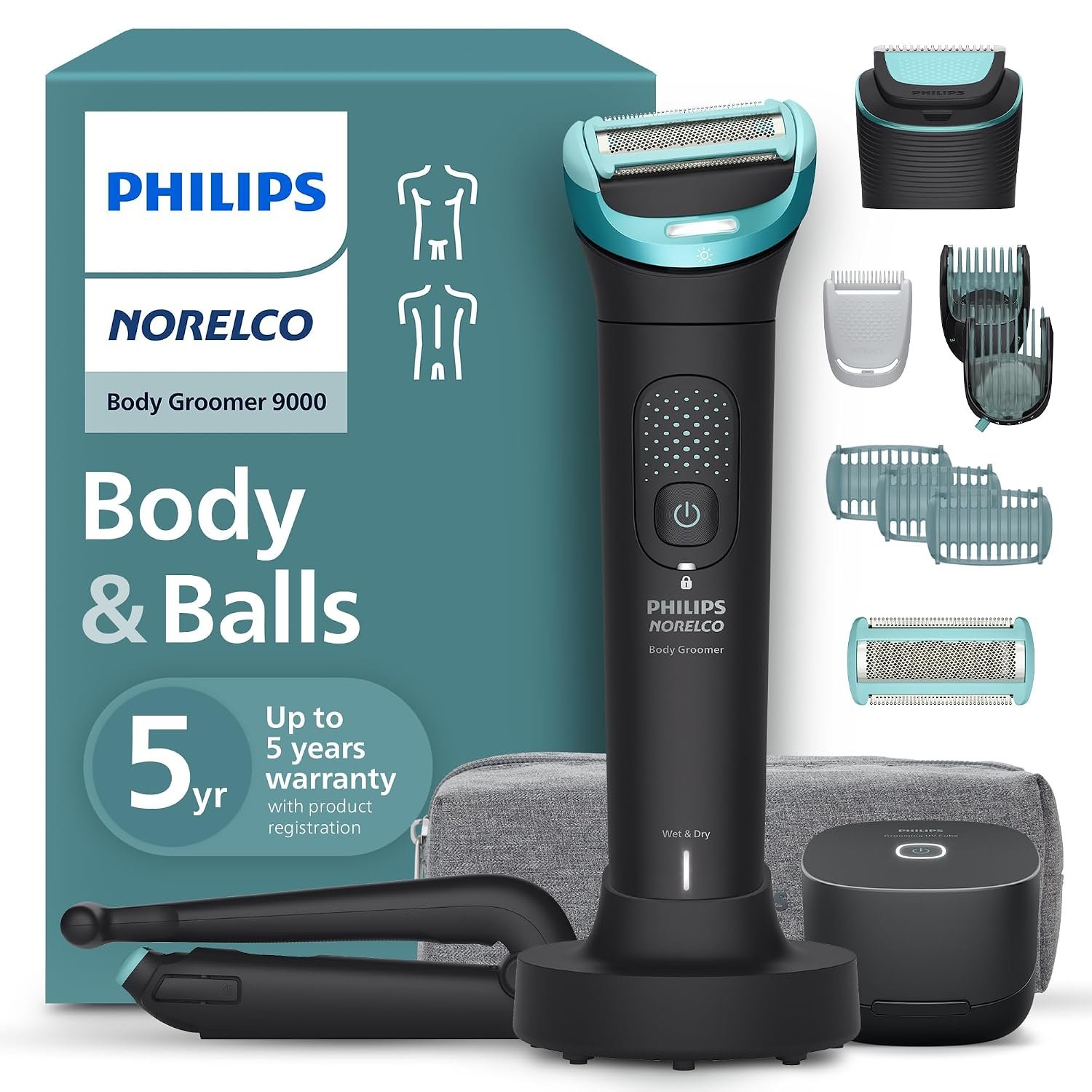 Philips Norelco Body Groomer 9000, Body & Balls, Dual Head Trimmer & Shaver | Dual Head Trim & Shave, UV Sanitizer Cube, 11 Lengths, Bi-Directional Shave Combs, 120-Min Runtime, Showerproof, BG9485/50
