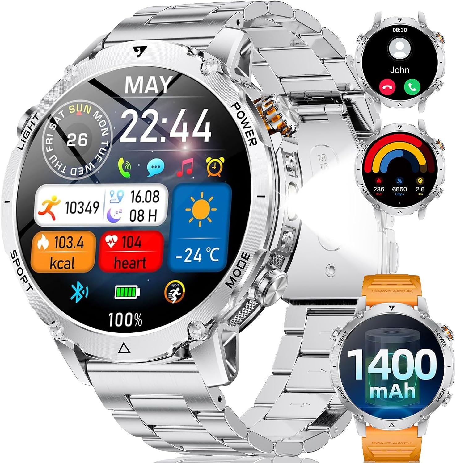SUNKTA Military Smart Watches for Men,1400mAh Battery Smart Watch with Flashlight,1.7″ HD Screen 5ATM Waterproof Fitness Tracker Smartwatch with 110+ Sport Modes,for iOS Android(2 Bands/Silver)