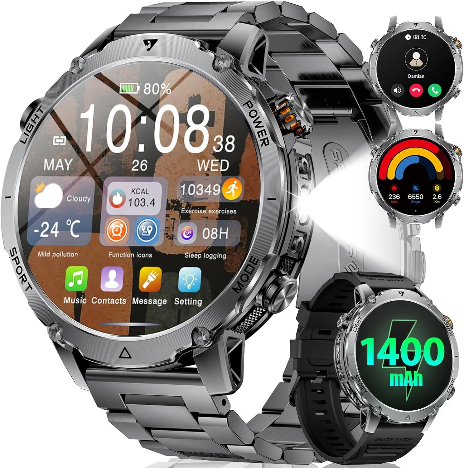LIGE Military Smart Watch for Men, 1400mAh 60-Days Battery, 1.85″ HD Smartwatch with LED Flashlight, 100+ Sports Mode, IP68 Waterproof, Pedometer, Fitness Watch for Android iOS