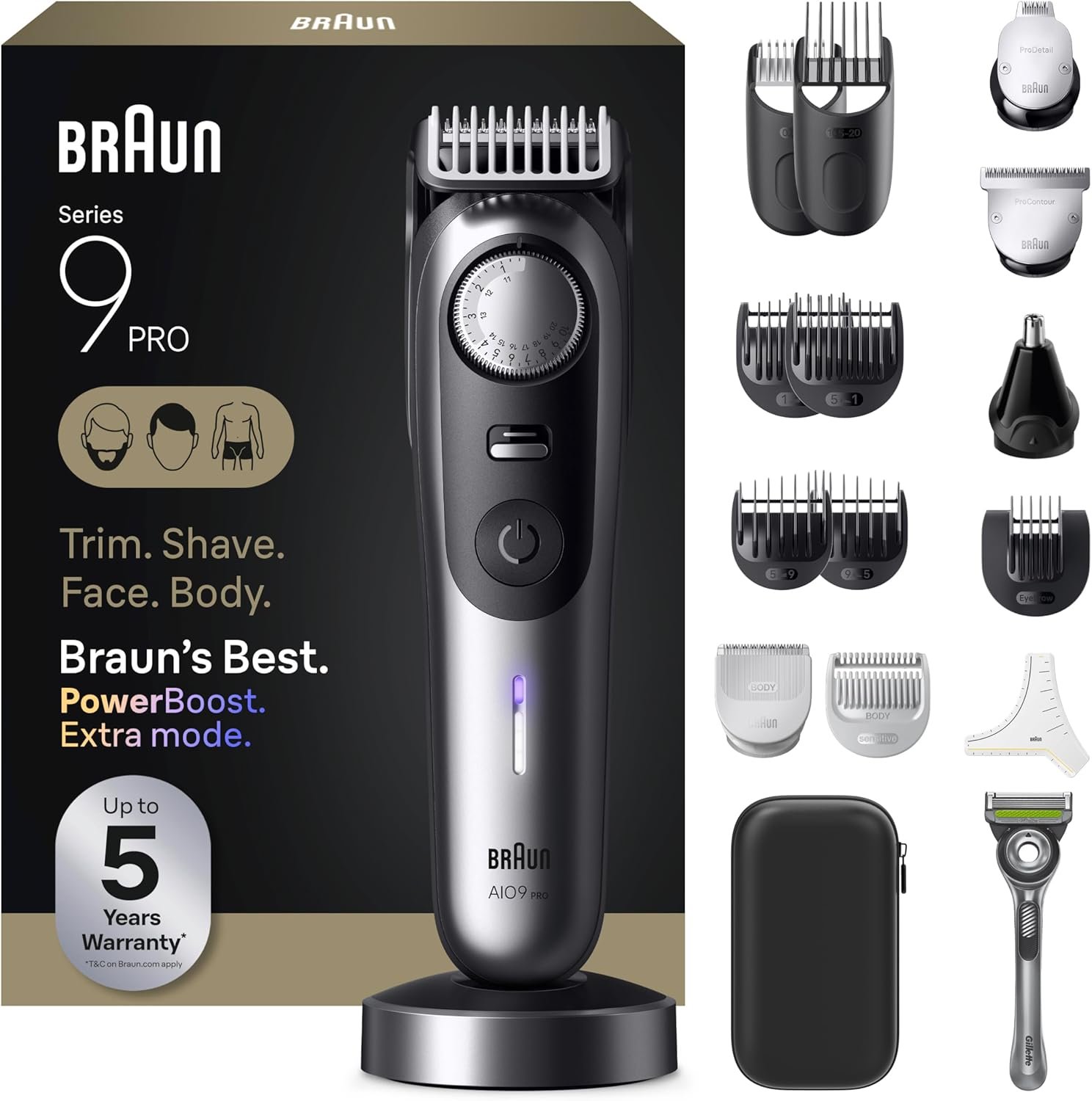Braun All-in-One Series 9 PRO Men’s Electric Beard Trimmer, Hair Clipper, Shaver & Razor for Face, Hair & Body, AIO 9570 with Gillette Labs Razor, Cordless