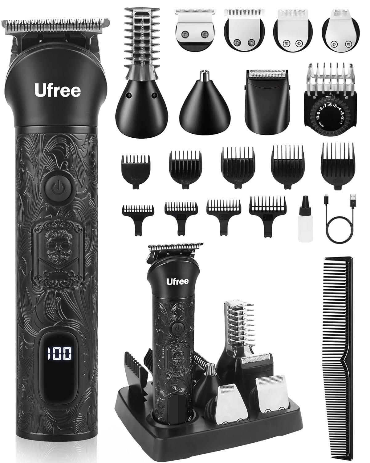 Ufree 7-in-1 Beard Trimmer for Men, Electric Razor Shaver, Men Grooming Kit | 1-10 mm Adjustable Comb for All Mustache Lengths, Type-C, LED Display, Versatile Use on Sideburns, Body, Nose Hair, Men Gift