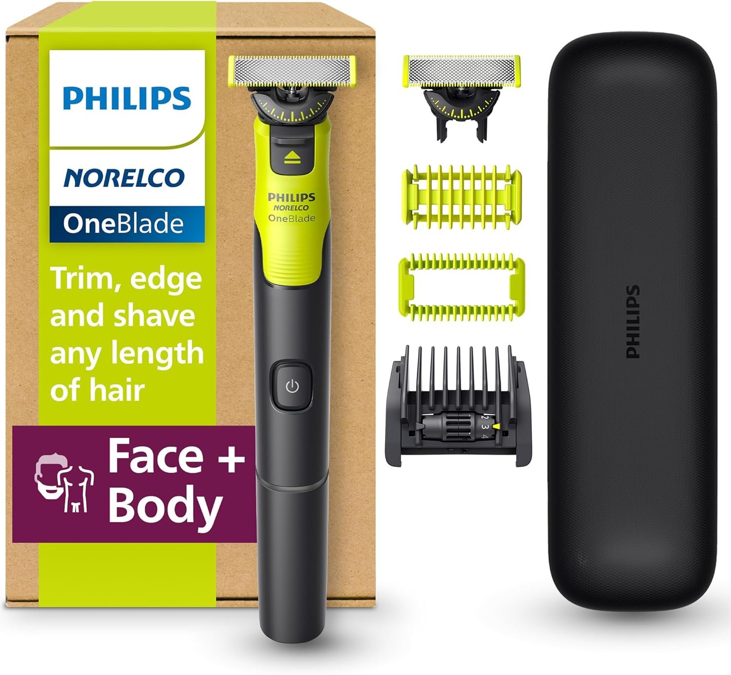 Philips Norelco OneBlade 360 with Connectivity Hybrid Face + Body, Electric Beard Trimmer, Shaver and Body Groomer Kit with 360 Blade Tech, 1×360 Blade, 5-in-1 Comb, Travel Case, Model QP4631/90 | 360 Blade Technology, Connected, 100% Showerproof, Travel Case & Body Kit, Stainless Steel Blade, 60-Min Runtime, QP4631/90