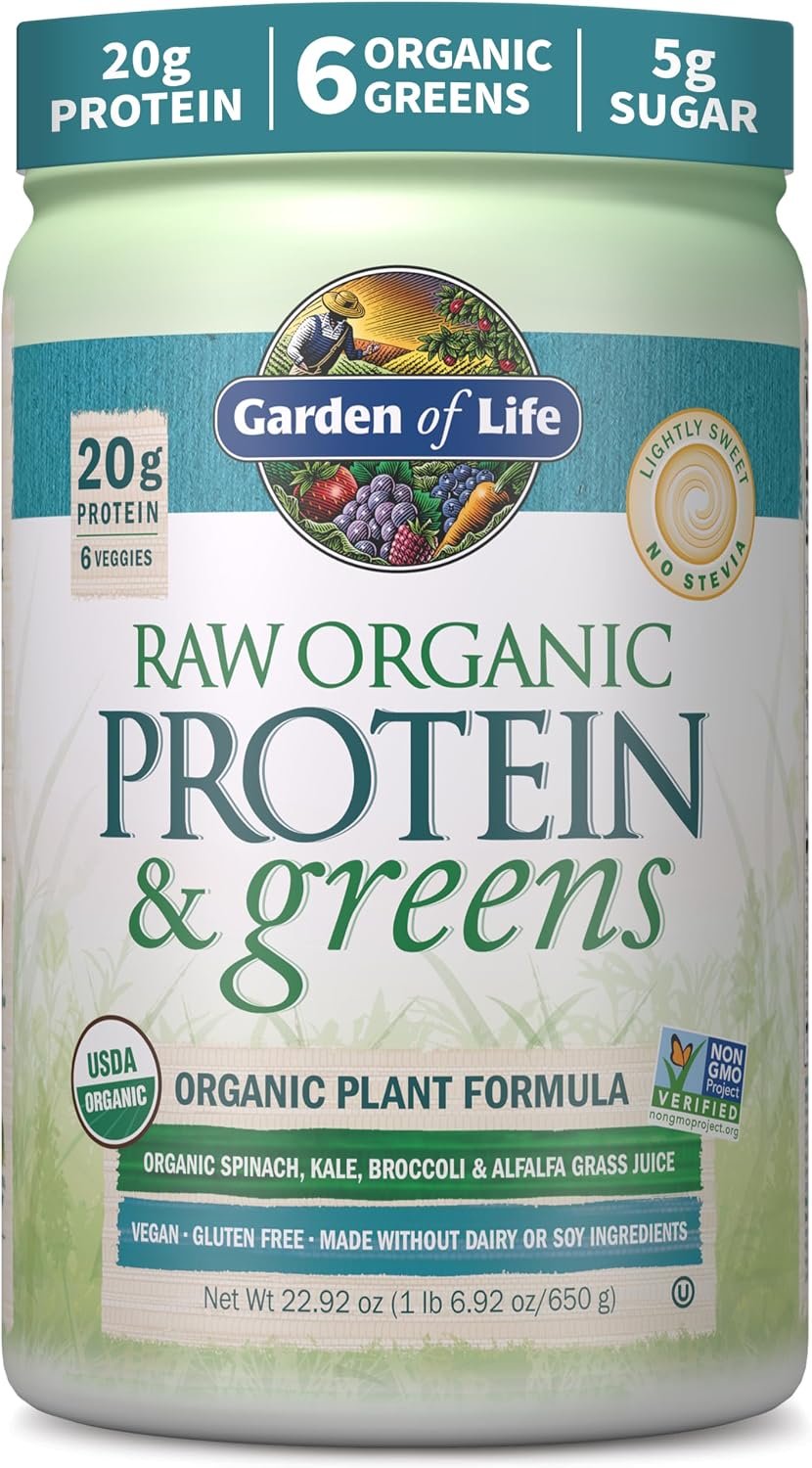 Garden of Life Raw Organic Protein & Greens Lightly Sweet – 20 Servings, Vegan Protein Powder for Women and Men with Juiced Greens, 20g Plant Protein plus Probiotics & Enzymes, Low Carb Shake