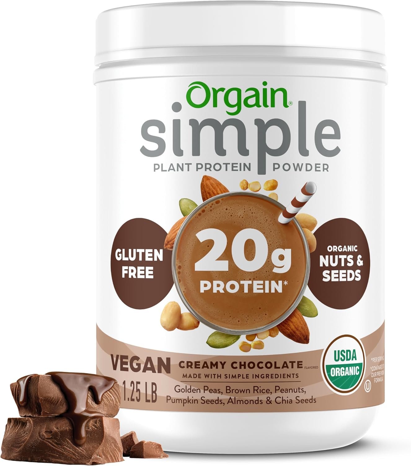Orgain Organic Simple 20g Vegan Protein Powder, Chocolate, 1.25lb | Plant based protein made with less ingredients, no artificial sweeteners, gluten free, no dairy, packaging may vary