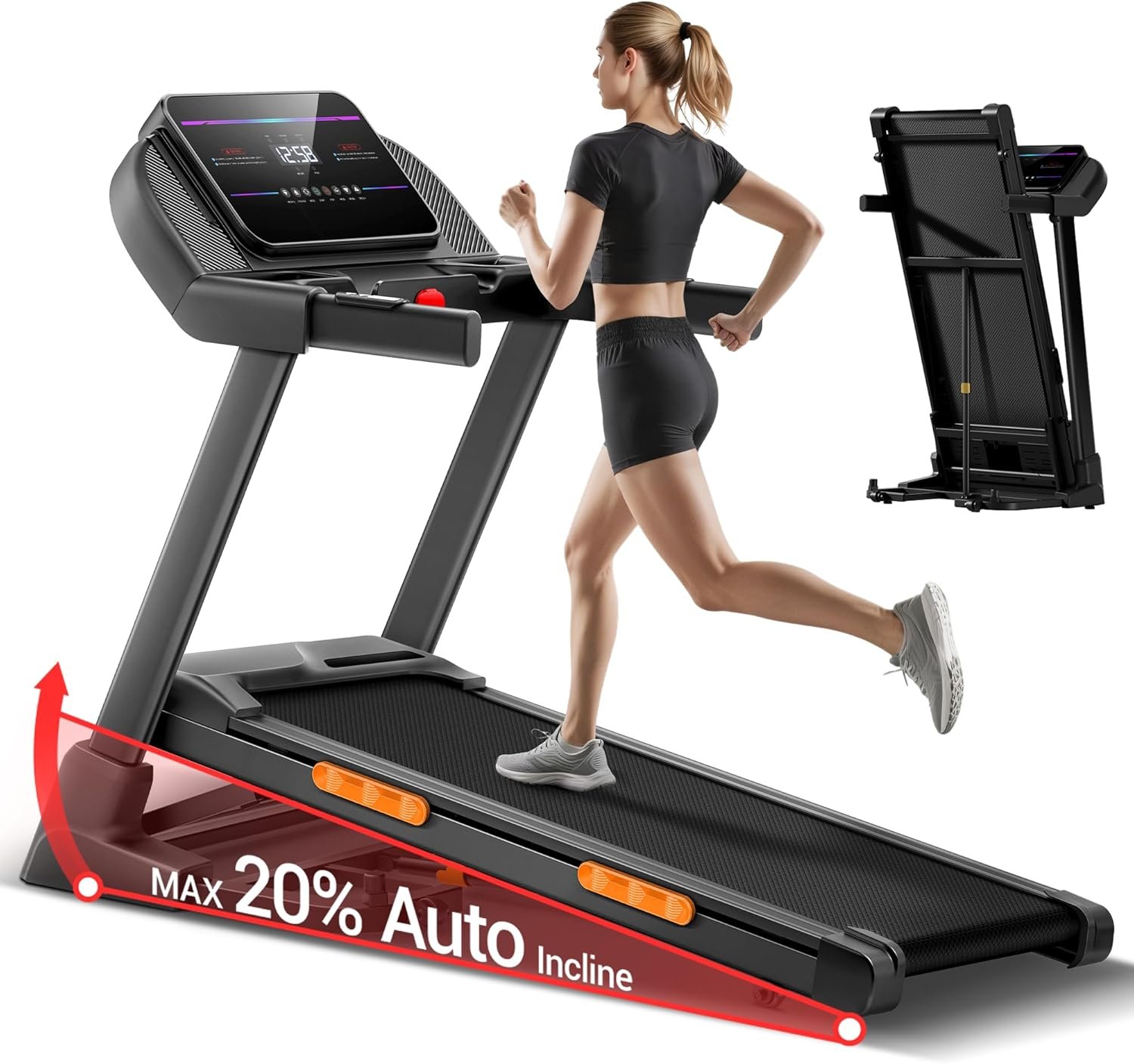 UMAY Fitness Treadmill with 20% Auto Incline | Treadmills for Home Folding with Pulse Sensors, 350/400LBS Capacity, Max 4.0HP Quiet Brushless & 8.0/8.7MPH