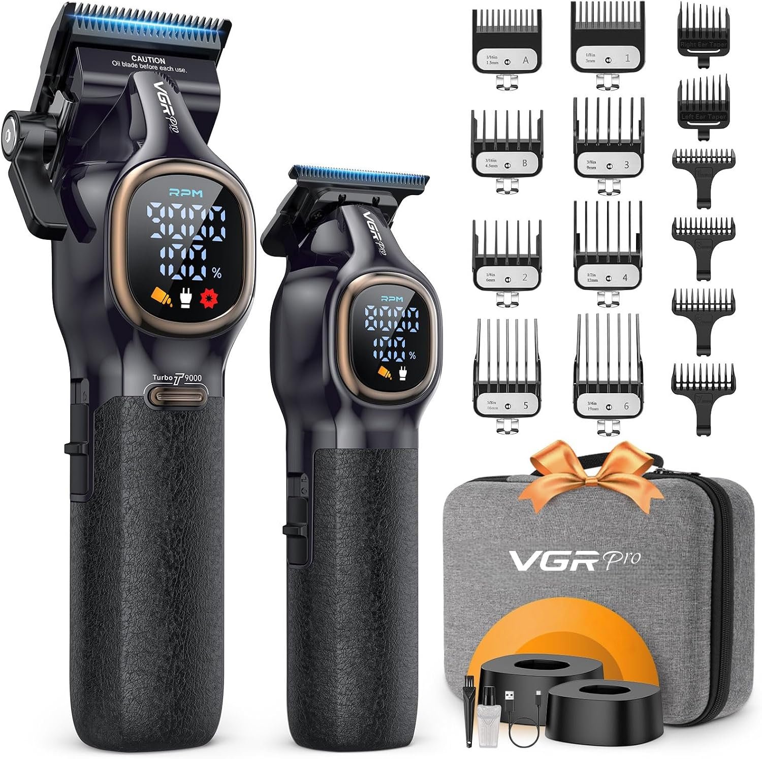 VGRPRO Professional Hair Clippers for Men, Cordless Clipper and Trimmer Set | 9000RPM Grooming Kit,EVA Case, LED display, DLC blades, Charging Base,14 Guide Combs (including Right & Left Ear Taper Combs)
