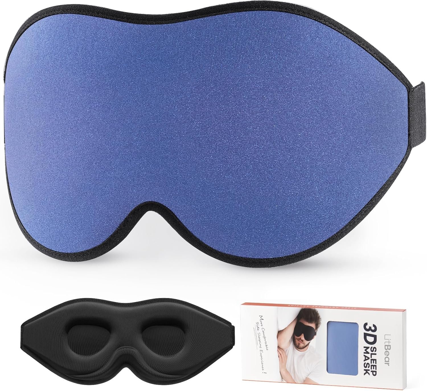 LitBear Sleep Mask for Side Sleeper Women Men, Eye Mask for Sleeping | Light Blocking 3D Contoured Sleeping Mask, Soft Breathable Sleep Eye Mask with Adjustable Elastic Strap for Travel, Blue