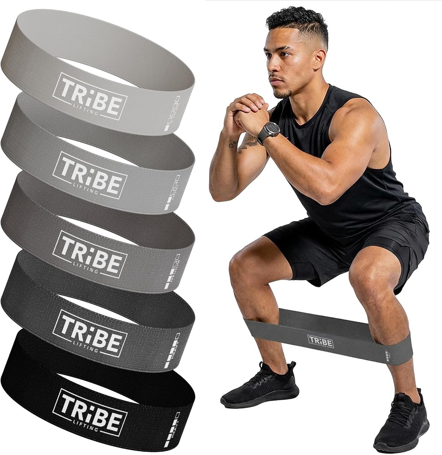 Tribe Lifting Fabric Resistance Bands for Working Out – 5 Exercise Bands Set for Legs and Glutes – Booty Bands for Women and Men – Thick Cloth Workout Bands for Physical Therapy, Hip Training