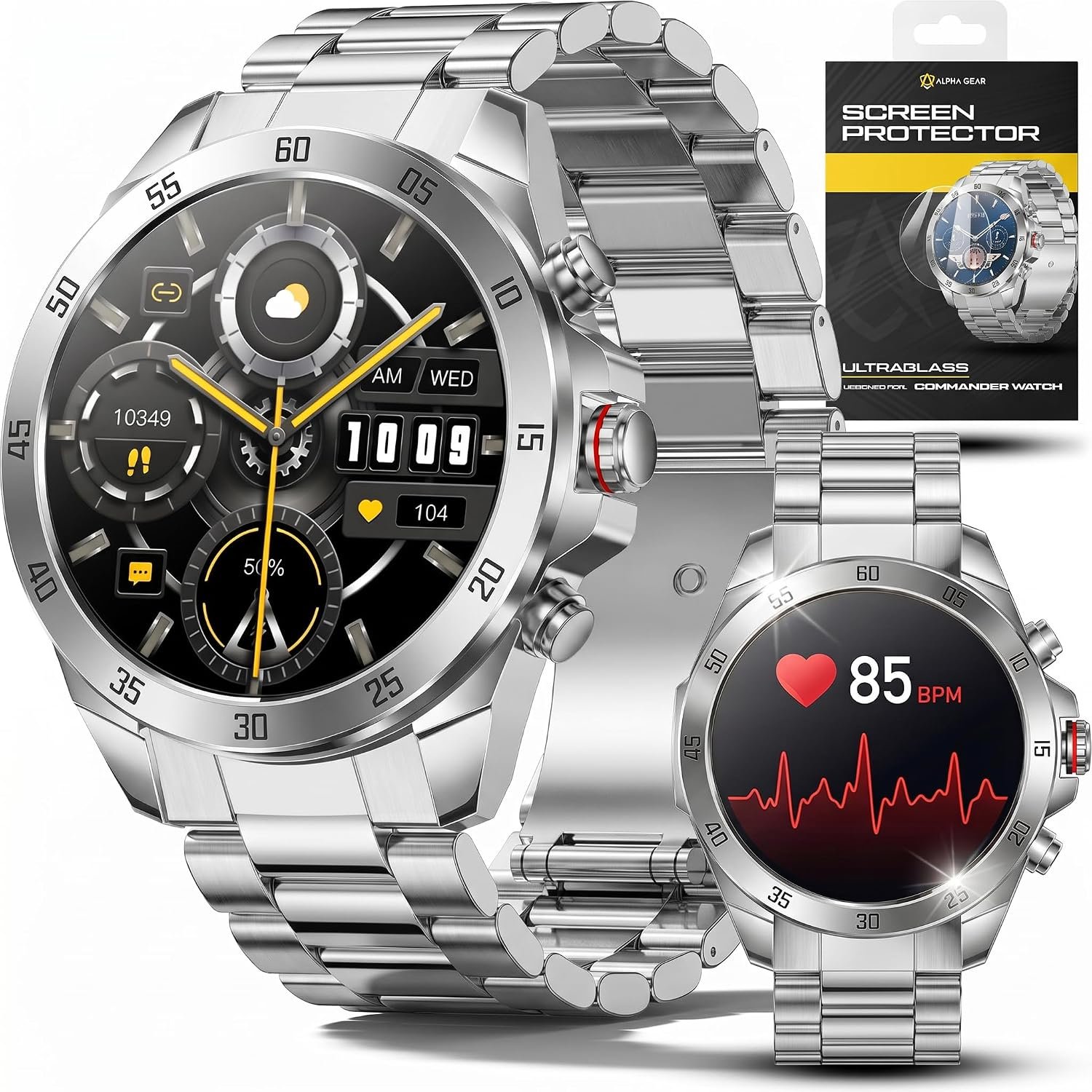 ALPHAGEAR Commander Smartwatch for Men, Tactical Military Smart Watch, 12-Day Battery, AMOLED Display, Bluetooth Calling, IP68 Water Resistant, Stainless Steel, for Android iPhone, Silver
