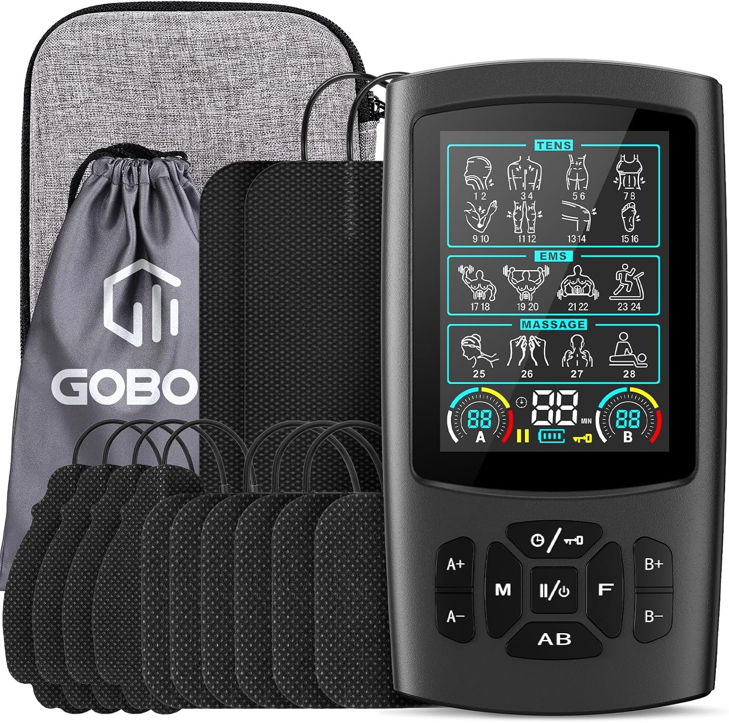 TENS Unit Muscle Stimulator, Rechargeable Dual Channel TENS EMS Machine, 28 Modes,40 Intensity Levels, 3.8-in Color Display, 12 Electrode Pads & EVA Case, Back Neck Shoulder Leg Pain Relief