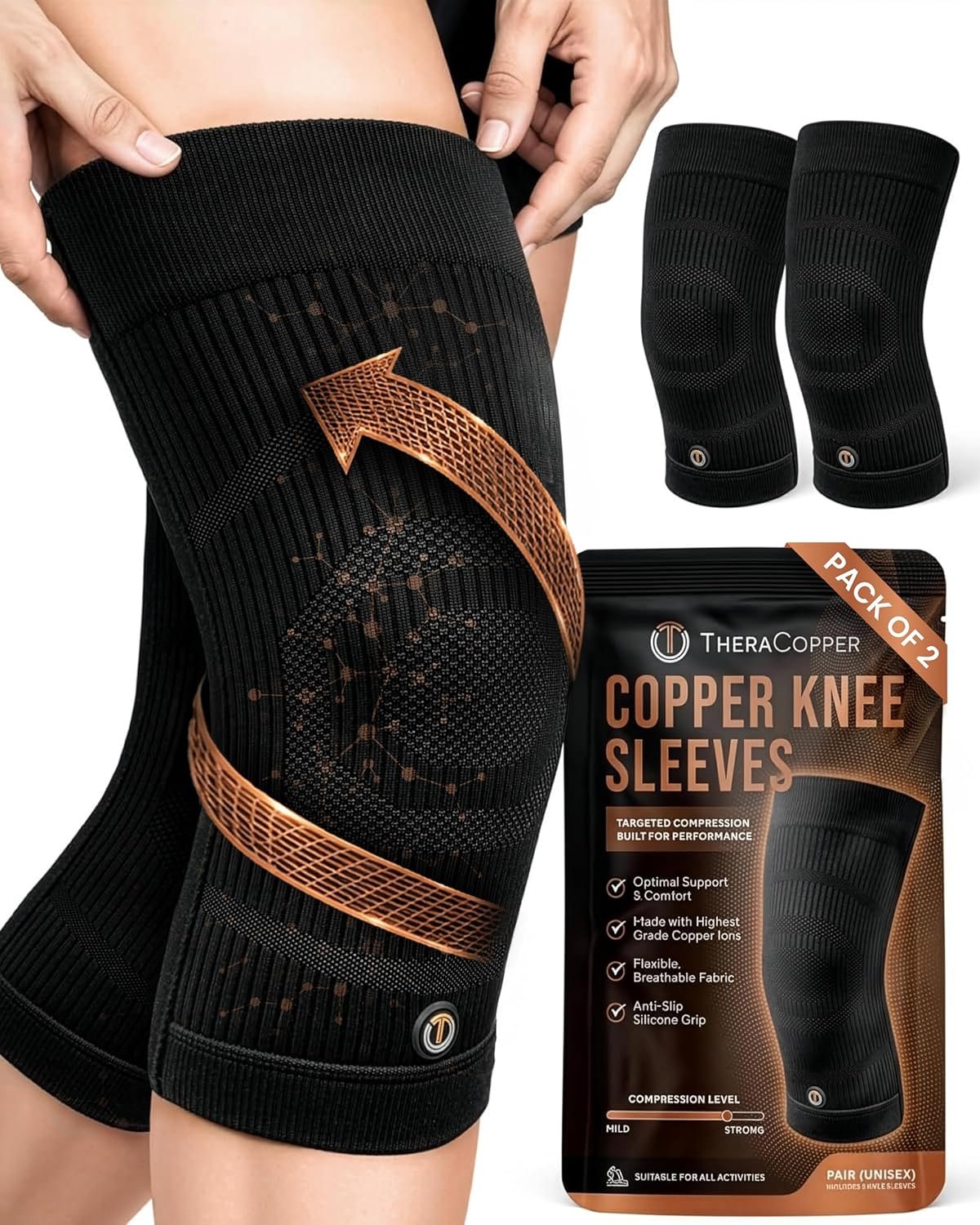 TheraCopper Copper Knee Brace for Men & Women (2 Pack) — Non-Slip Compression Copper Knee Sleeve for Arthritis, Knees Pain Relief, Swelling, Anti inflammatory and Recovery Support (Large)