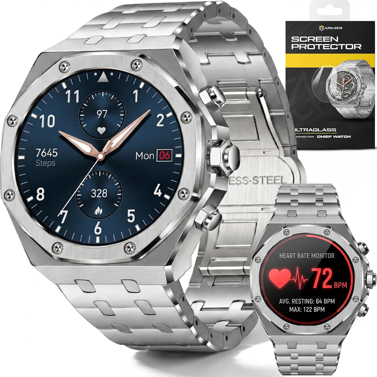 ALPHAGEAR Chief Smartwatch for Men, Premium Hex Bezel Metal Smart Watch, AI Voice Assistant, 14-Day Battery, AMOLED Display, Bluetooth Calling, Stainless Steel, Water Resistant (Silver)
