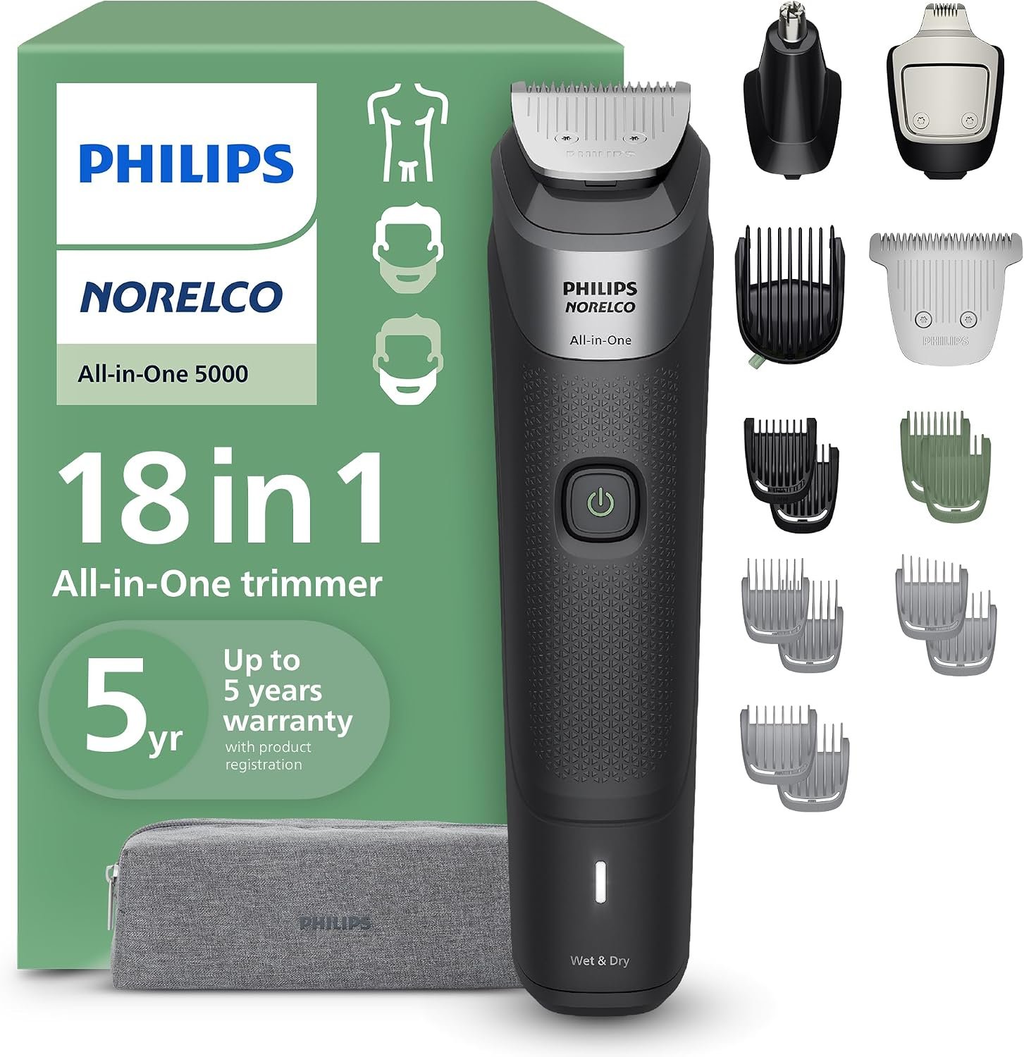 Norelco Philips All-in-One 5000 18-in-1 Trimmer, Face, Hair & Body, Black | Beard Styler, Nose, Detail & Body Trimmer, Hair Clipper, Ti Blades, T-Blade, 16 lengths, 3-Hr Runtime, Showerproof, MG5970/49