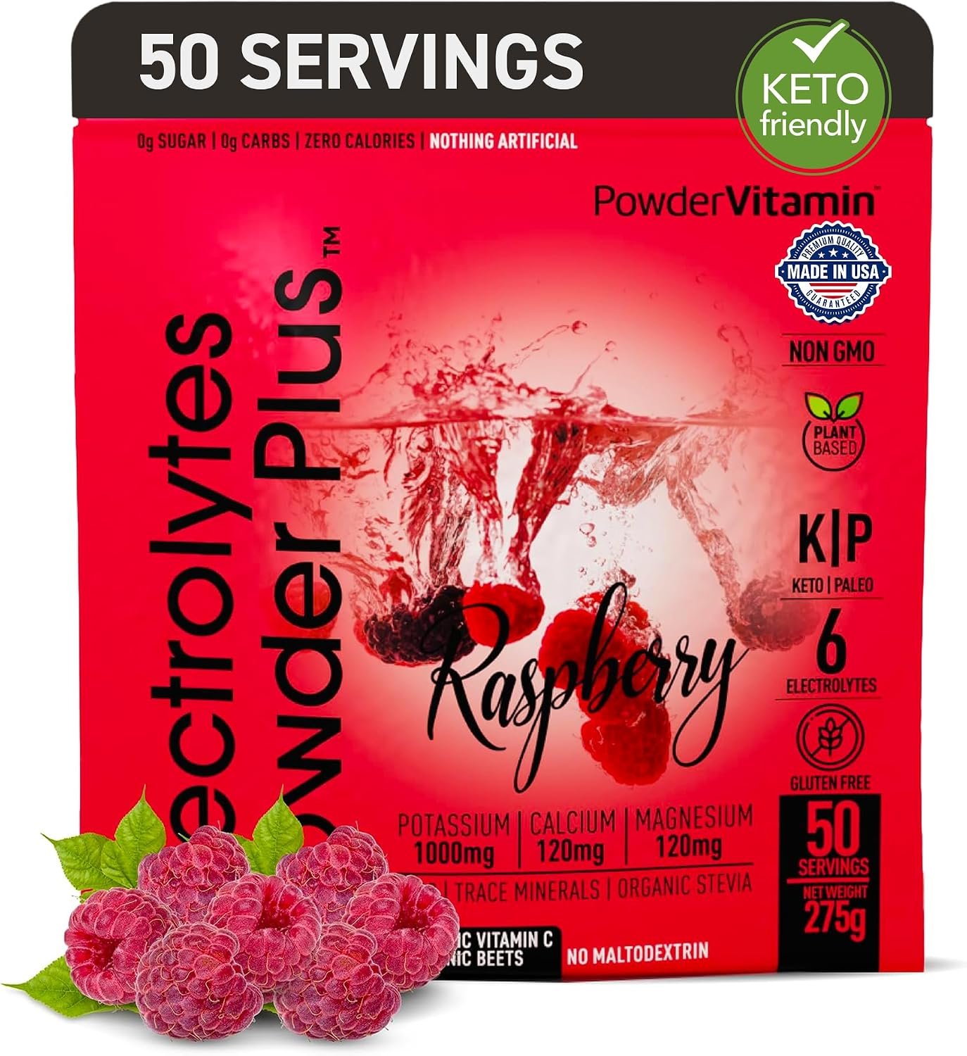 PowderVitamin Electrolytes Powder Plus – 50 Servings – Raspberry Flavor | Sugar-Free Hydration Powder, 1000mg Potassium, 120mg Magnesium, 120 mg Calcium, Himalayan Salt, Vitamin C & Zinc, USA Made