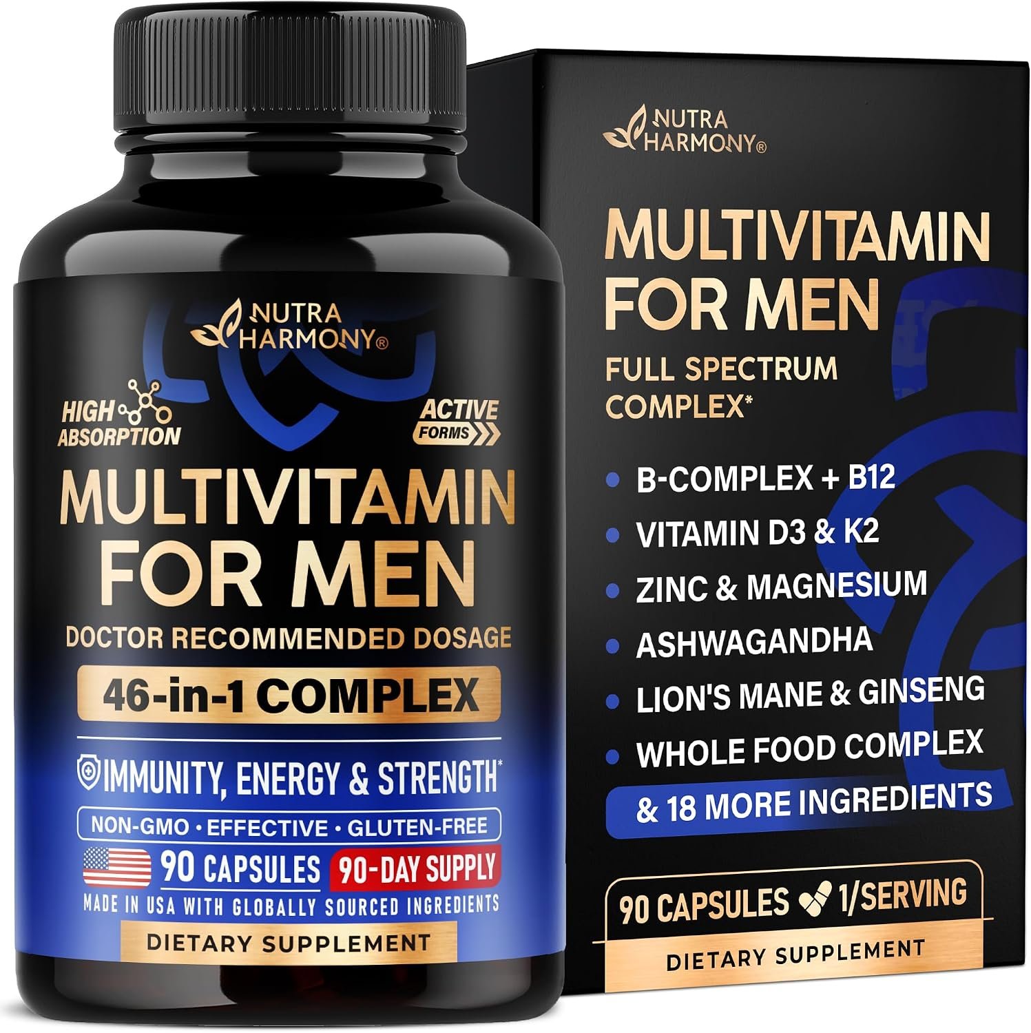 Multivitamin for Men – B-Complex & B12 | Whole Foods & Enzymes – 90 Caps | Mens Multivitamin 46in1 – Energy, Focus & Brain | Men’s Health Complex – Bioavailable & Gentle on Stomach – Lab Tested, 1/Day