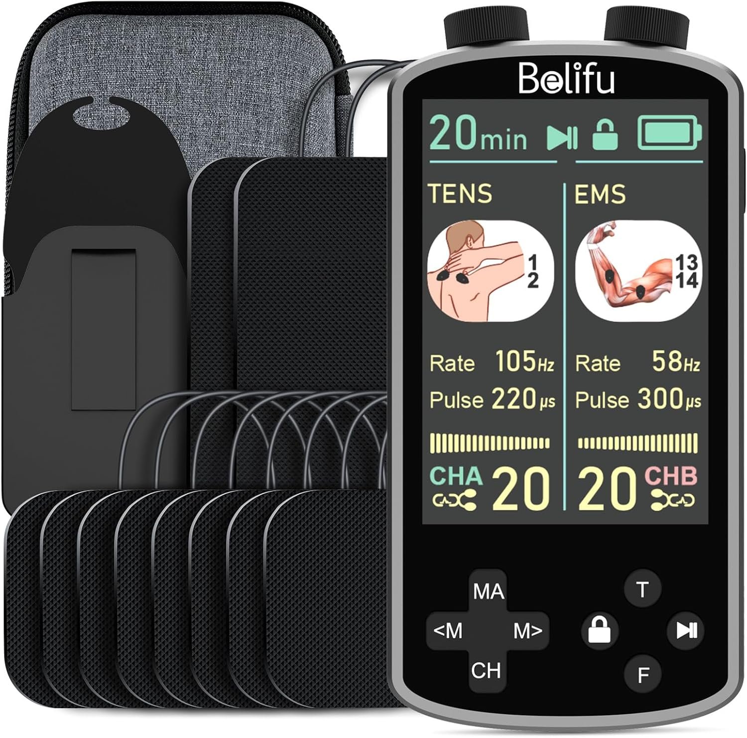 TENS EMS Unit Muscle Stimulator for Pain Relief Therapy – 4 in 1 TENS EMS Relax Custom Frequency+Pulse – Muscle Massager 36 Modes 20 Intensity, Memory & Favorites Function, 3.8″ Color Display – Gray