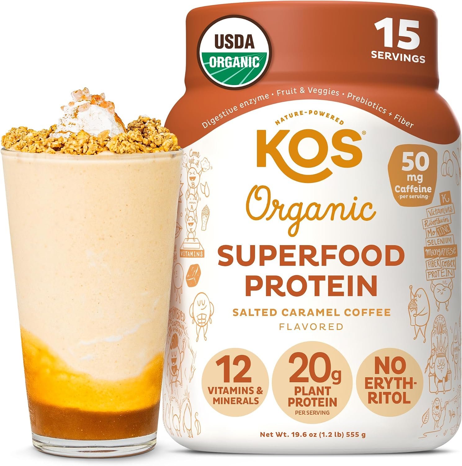 KOS Vegan Protein Powder, Salted Caramel Coffee – Low Carb Pea Protein Blend, Organic Plant Superfood Rich in Vitamins & Minerals – Keto, Dairy Free – Meal Replacement for Women & Men – 15 Servings