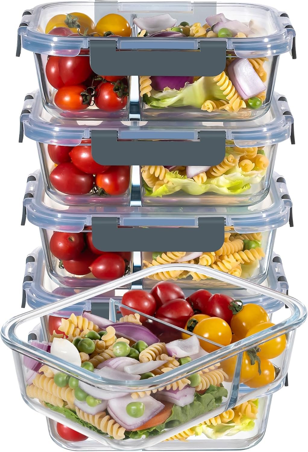 MFY 5-Pack 36 OZ Glass Storage Containers with Lids – 2 Compartment Meal Prep Set, Airtight Glass Lunch Containers, Microwave, Oven, Freezer & Dishwasher Safe, Gray