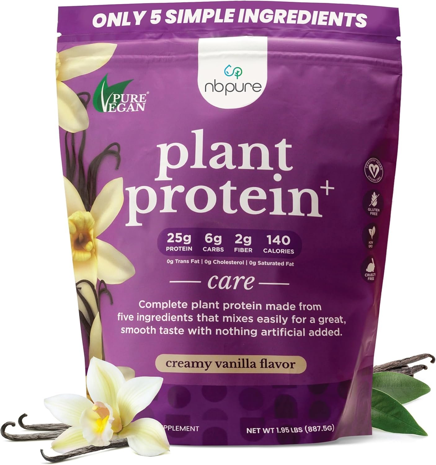 nbpure Plant Protein+ Vegan Pea Protein Powder, Vanilla (25 Servings) | 25g plant protein per serving, Supports lean muscle, Hunger & bloating support, Artificial sweetener-free, Great for women
