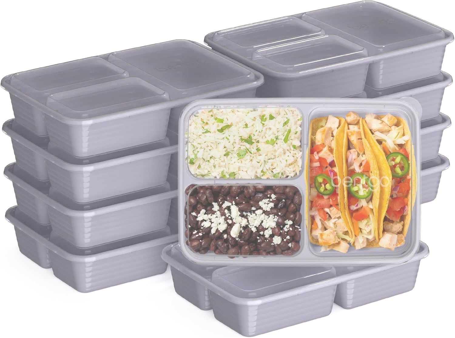 Bentgo Prep 3-Compartment Meal Prep Containers with Lids, 20 Piece Set | 4-Cup Capacity, Portion Control, Stackable, Microwave, Freezer & Dishwasher-Safe, PFAS & BPA-Free (Lilac)