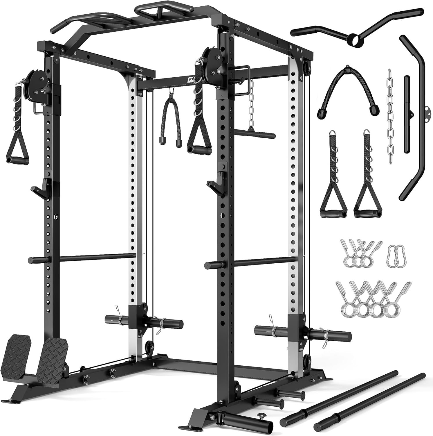 DP01 Power Cage, 2000LBS Squat Rack with Cable Crossover and Dual Independent Pulley System, Full Cage for Full Body Training, Power Rack with More Training Attachments for Home Gym